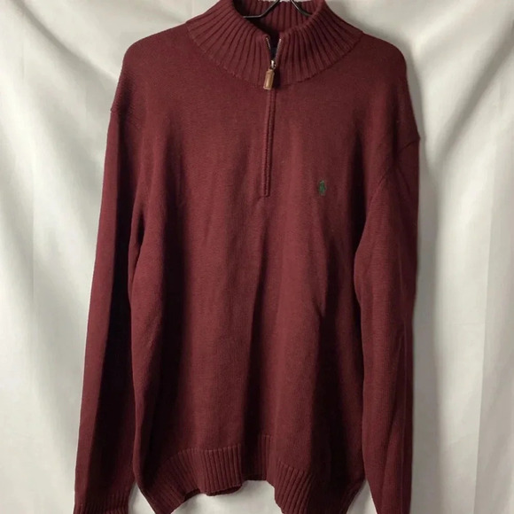 POLO BY RALPH LAUREN MENS SIZE LARGE 100% COTTON 3/4 ZIP SWEATER WINE COLOR EUC - Picture 2 of 14